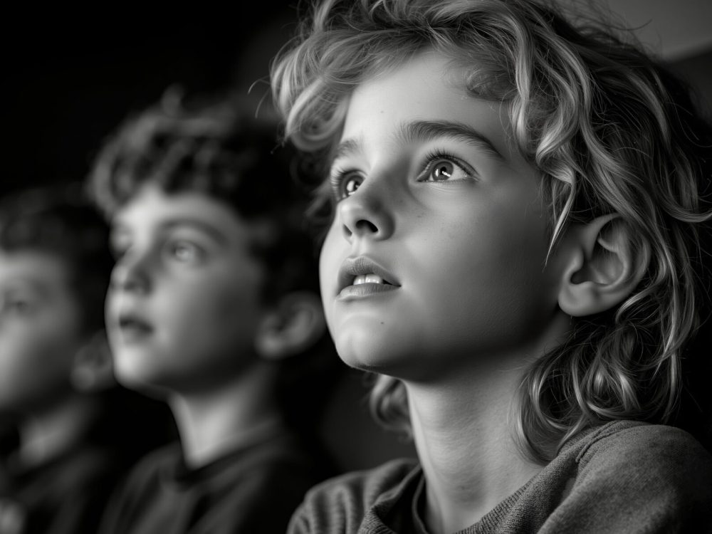 A group of children sitting in a row looking up at something., A black and white photograph of three children looking up at the sky., children, looking up, sky, stars, night, outdoors, curiosity, wonder, gaze, contemplation, black and white, silhouette, focus, innocence, youth, stargazing