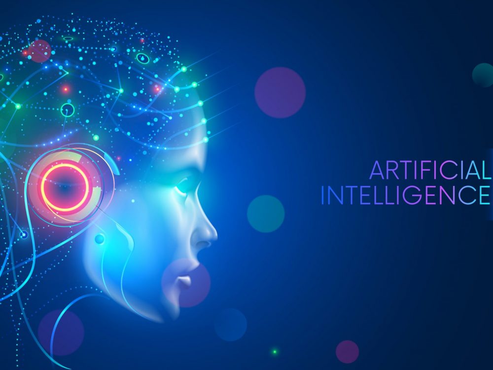 Artificial intelligence in humanoid head with neural network thinks. AI with Digital Brain is learning processing big data, analysis information. Face of cyber mind. Technology background concept.