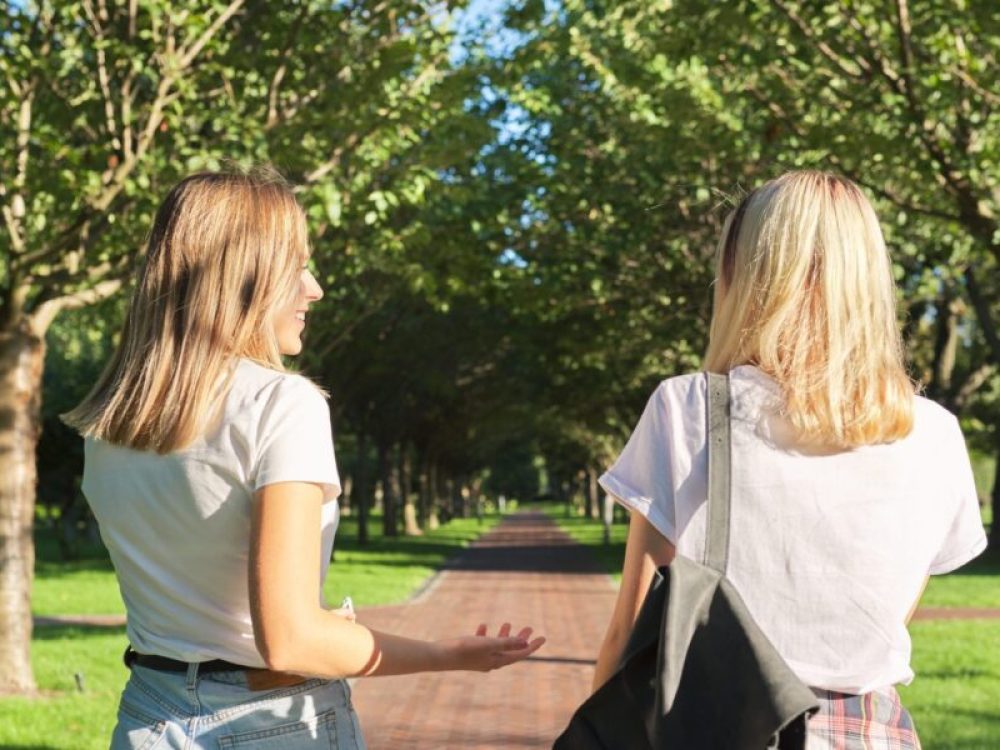 Two happy smiling talking girls teenagers students walking together, back view, young women with backpack, sunny day in the park background