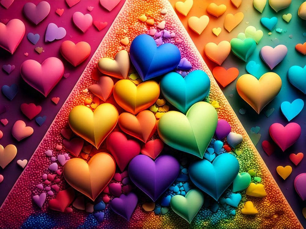Firefly a cool trinangle with a lot of hearts in thge background with in different colors. 59993